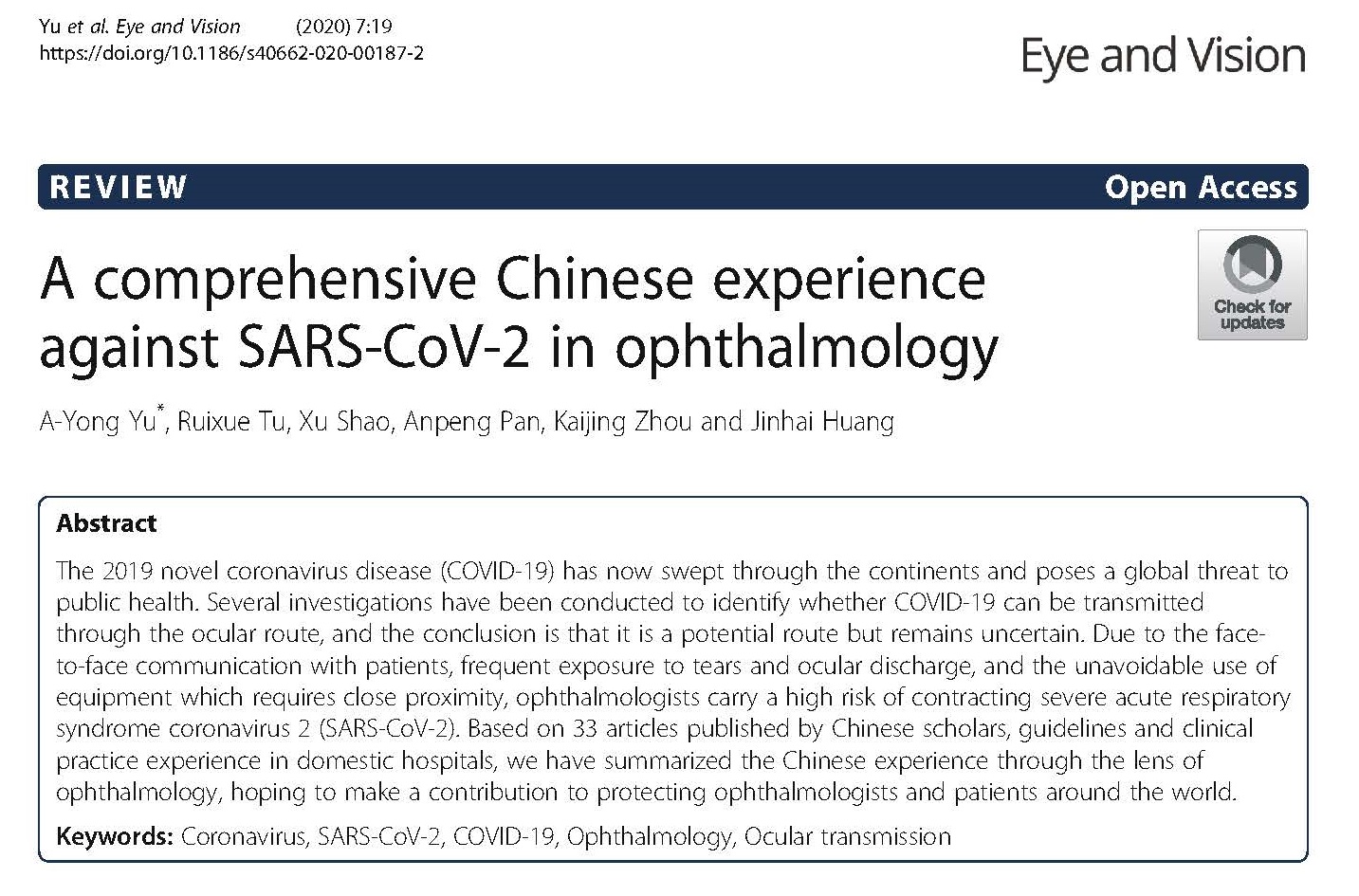 A comprehensive Chinese experience against SARS-CoV-2 in ophthalmology